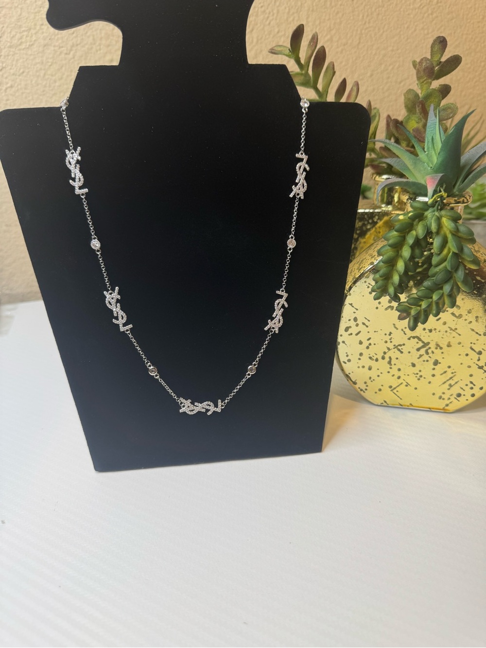 Yves Saint Laurent Silver Logo Station Necklace